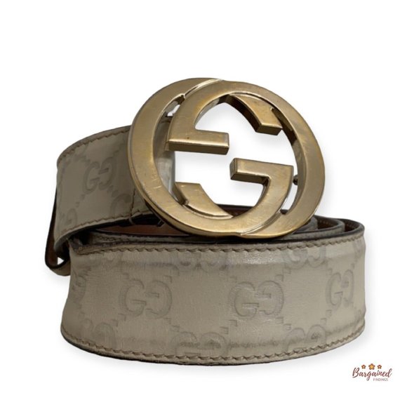 Authentic Gucci Cream Guccissima Leather Gold Interlocking G Buckle Belt 85/34 - Picture 1 of 13